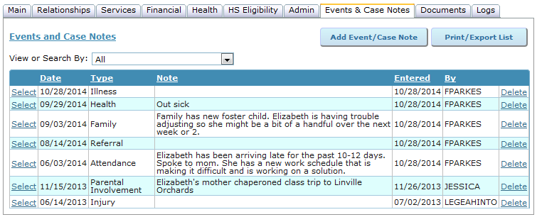 Case Notes and Events | ChildWare