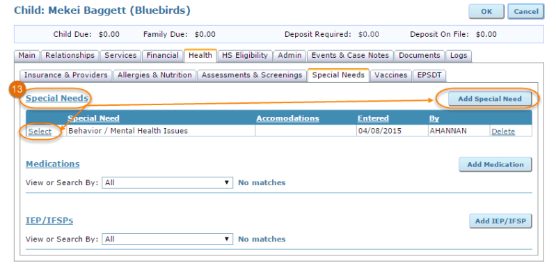 review or add special need