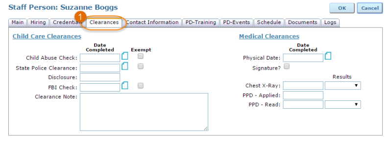 staff clearances tab
